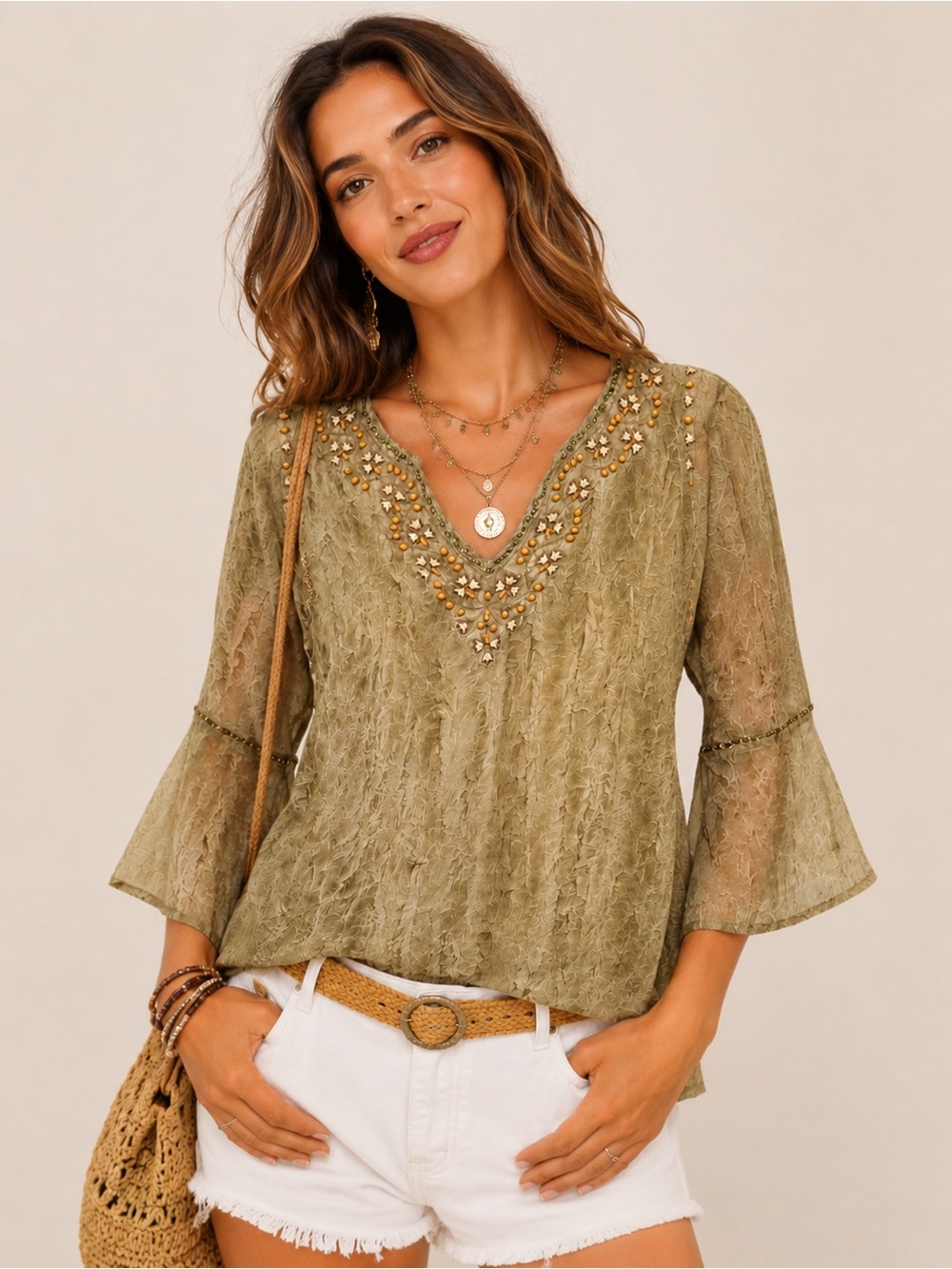 SNOW Embellished Sheer Crinkle Tunic Top Bell Sleeve Boho Beige Size S Olive